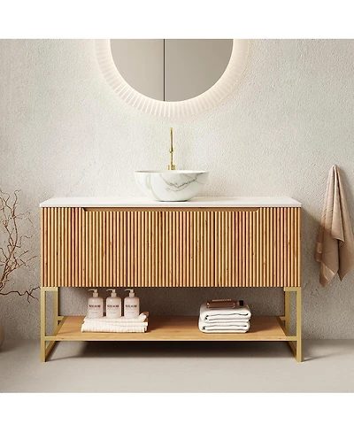 Sillysis 47.6 Inch Bathroom Vanity with Ceramic Basin, Sintered Stone Countertop, Soft Close Door Storage Cabinet, Open Shelf