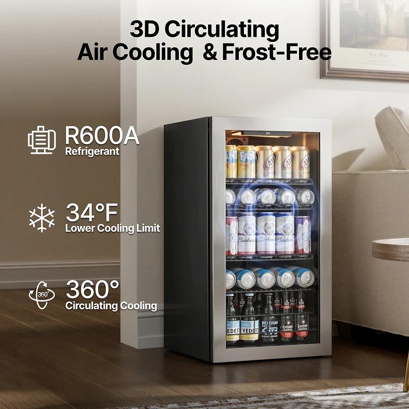 Ca'Lefort Beverage Refrigerator Cooler, 105-Can Mini Freestanding Beverage Fridge with Glass Door for Home or Bar