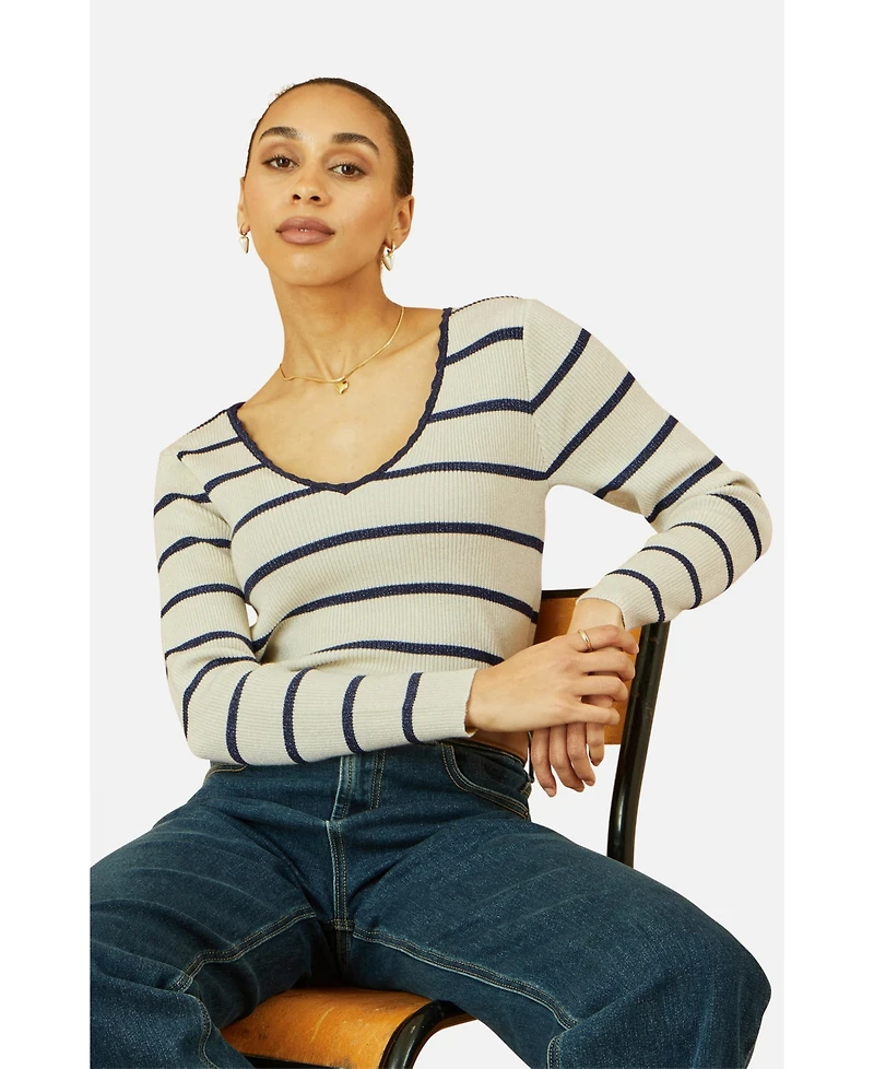 Yumi Women's Metallic Stripe Knitted Ribbed Top