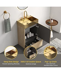 Sillysis Freestanding Bathroom Vanity with Gold Metal Vessel Sink, Modern Striped Cabinet with Drawer for Small Spaces