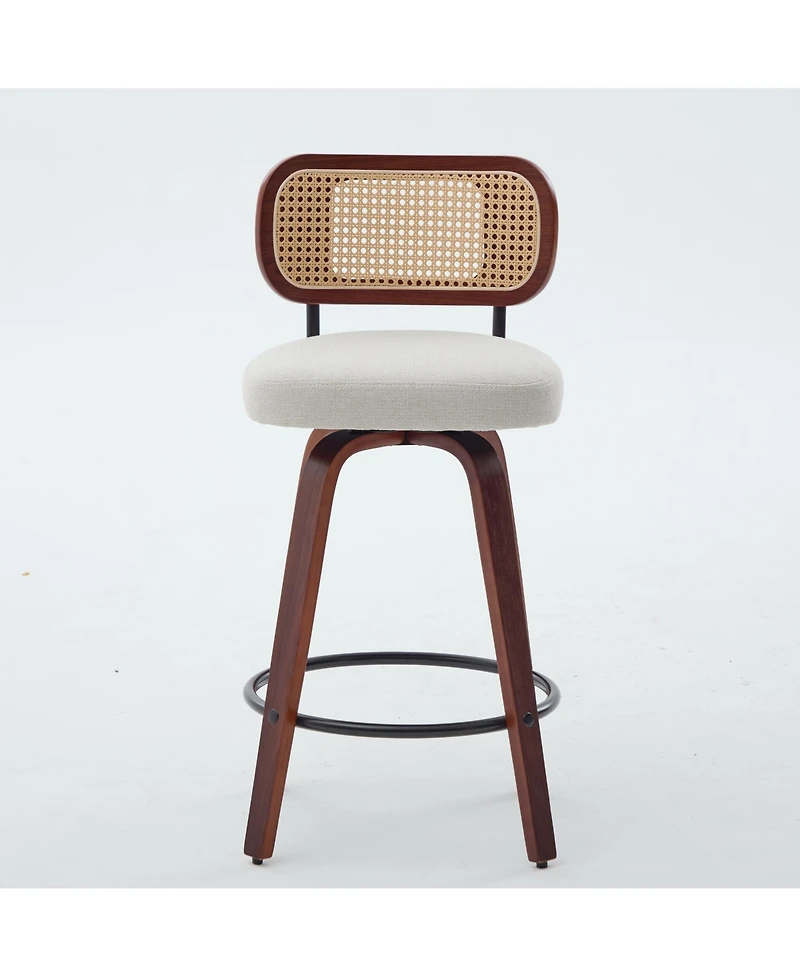 Flynama 26 Inch Set of 3 Counter Height Swivel Bar Stools with Rattan Cane Back and Linen
