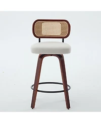Flynama 26 Inch Set of 3 Counter Height Swivel Bar Stools with Rattan Cane Back and Linen
