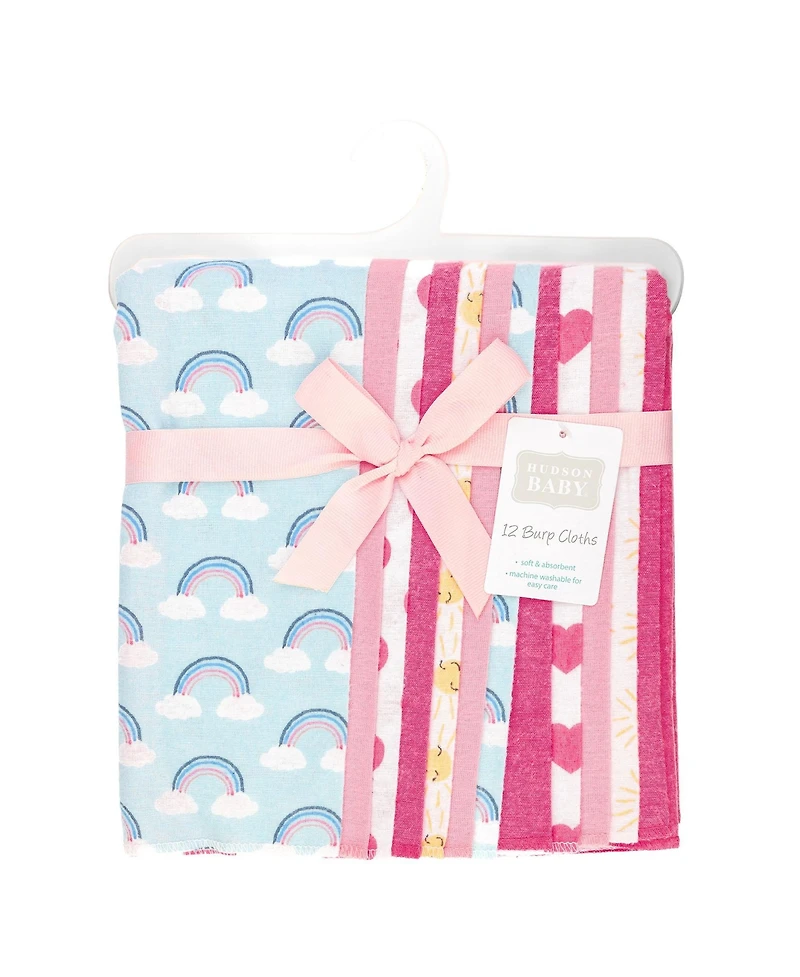 Hudson Baby Girl Cotton Poly Flannel Burp Cloths Bundle, Cloudy Rainbow