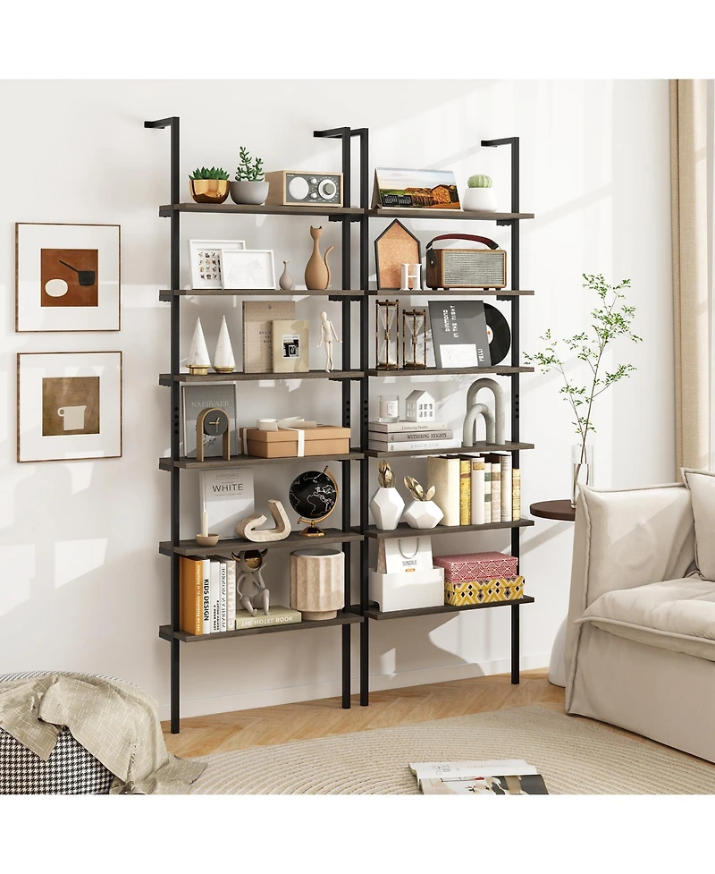Gymax 2 Piece 6 tier Ladder Shelf 72 Inches Industrial Wall Mounted Bookshelf
