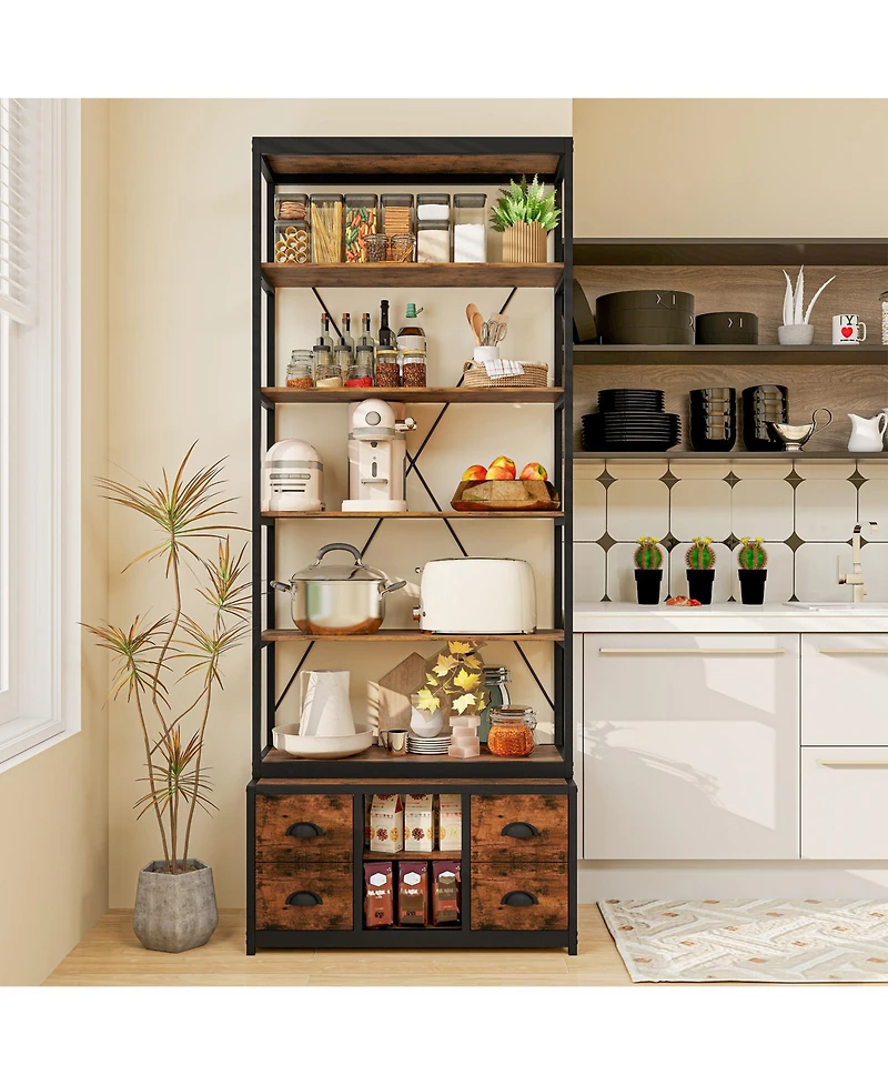 Gymax 2 Pieces 8 tier Bookshelf 79 Inch Freestanding Bookcase with 4 Fabric Drawers and Storage