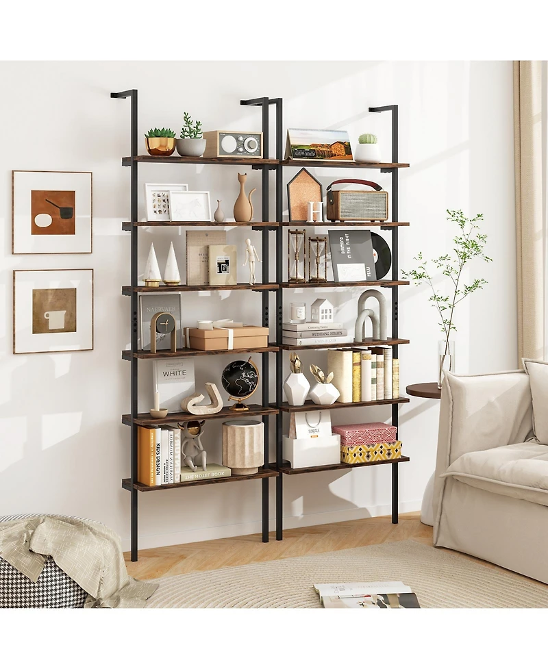 Gymax 2 Piece 6 tier Ladder Shelf 72 Inches Industrial Wall Mounted Bookshelf