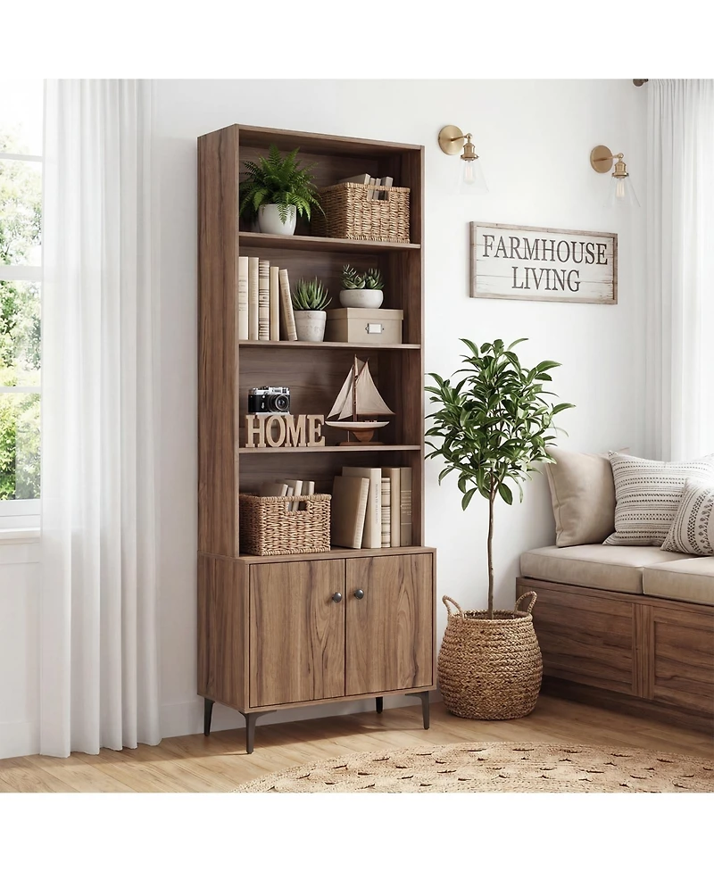 Gymax Bookshelf with Doors 5 Tier Floor Standing Bookcase 2 Anti Tipping Kits