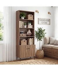 Gymax Bookshelf with Doors 5 Tier Floor Standing Bookcase 2 Anti Tipping Kits