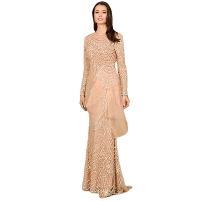 Lara Women's Beaded Long Sleeve Gown with Tulle Applique
