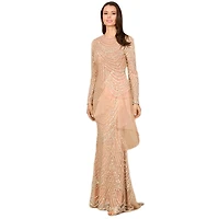 Lara Women's Beaded Long Sleeve Gown with Tulle Applique