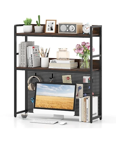 Gymax 2 Tier Countertop Desktop Bookshelf with Metal Pegboard 2 Anti Tipping Devices