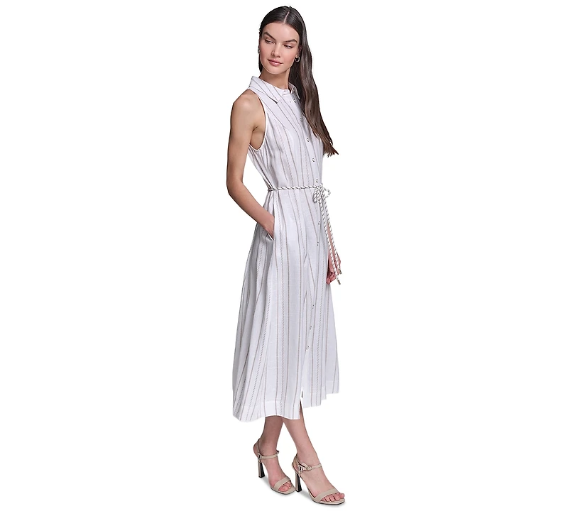 Karl Lagerfeld Paris Women's Striped Linen Midi with Rope Belt Shirtdress