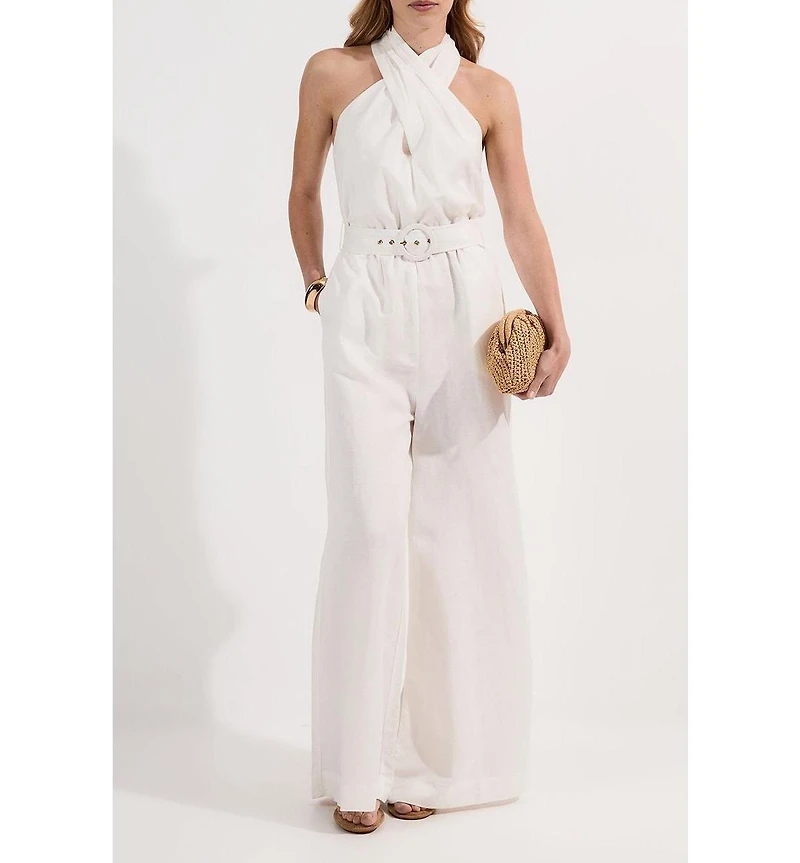 Karen Millen Women's Linen Blend Wide Leg Belted Jumpsuit