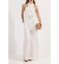 Karen Millen Women's Linen Blend Wide Leg Belted Jumpsuit