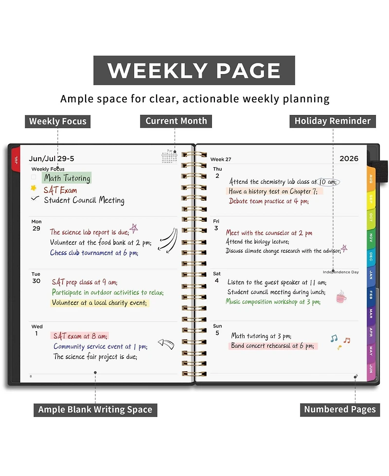 Gnuadz Academic Planner 2026-2027 Weekly Monthly Pvc Tabs