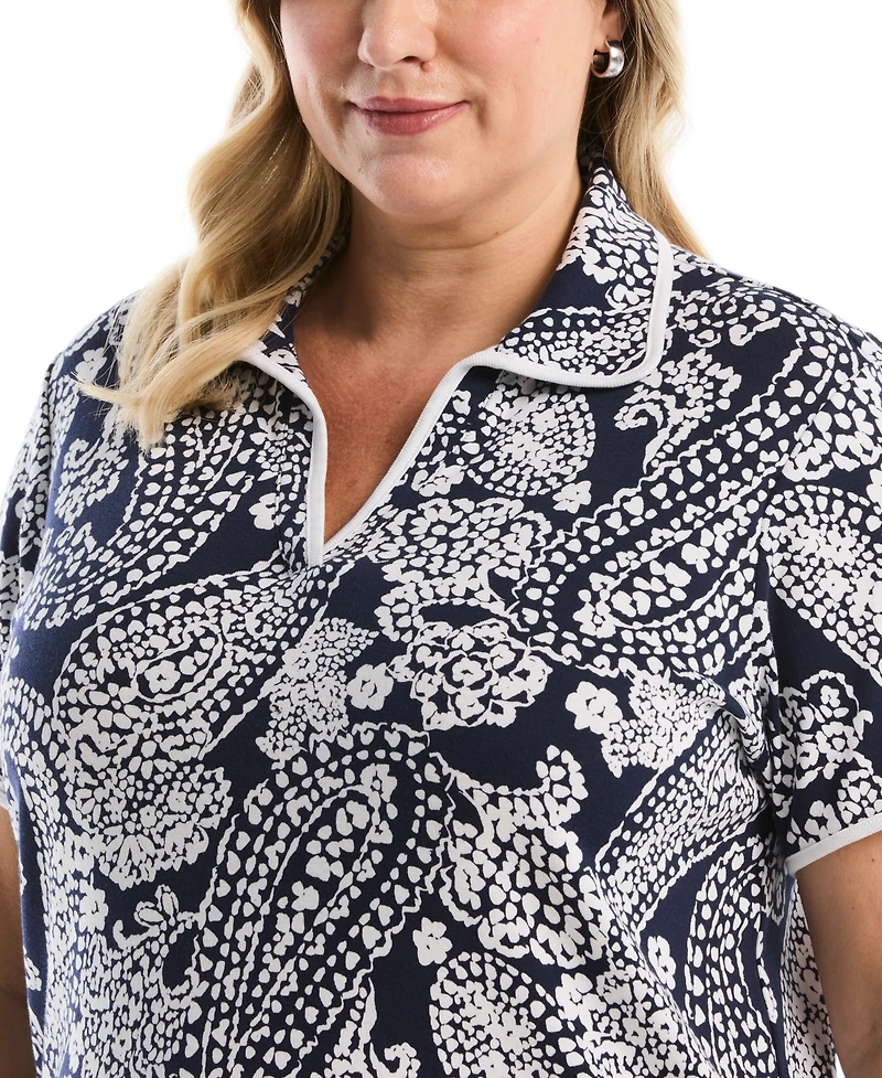 Rafaella Plus Paisley Print Contrast Trim Johnny Collar Short Sleeve Polo Shirt