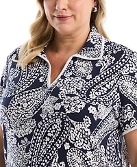Rafaella Plus Paisley Print Contrast Trim Johnny Collar Short Sleeve Polo Shirt