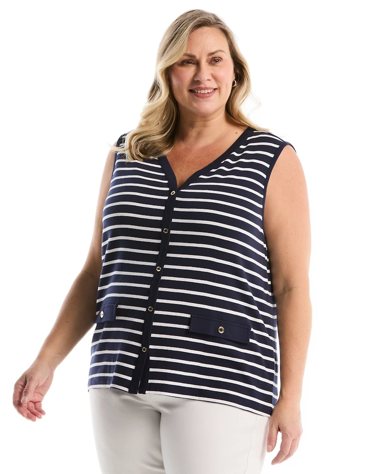 Rafaella Plus Striped Button Front Sleeveless Tank Top