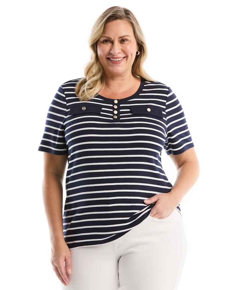 Rafaella Plus SizeStriped Welt Pocket Button Detail Short Sleeve Top