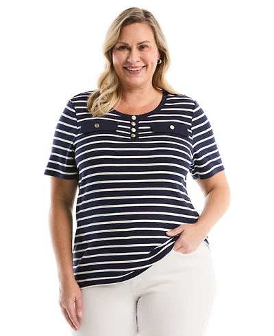 Rafaella Plus SizeStriped Welt Pocket Button Detail Short Sleeve Top