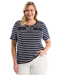 Rafaella Plus SizeStriped Welt Pocket Button Detail Short Sleeve Top