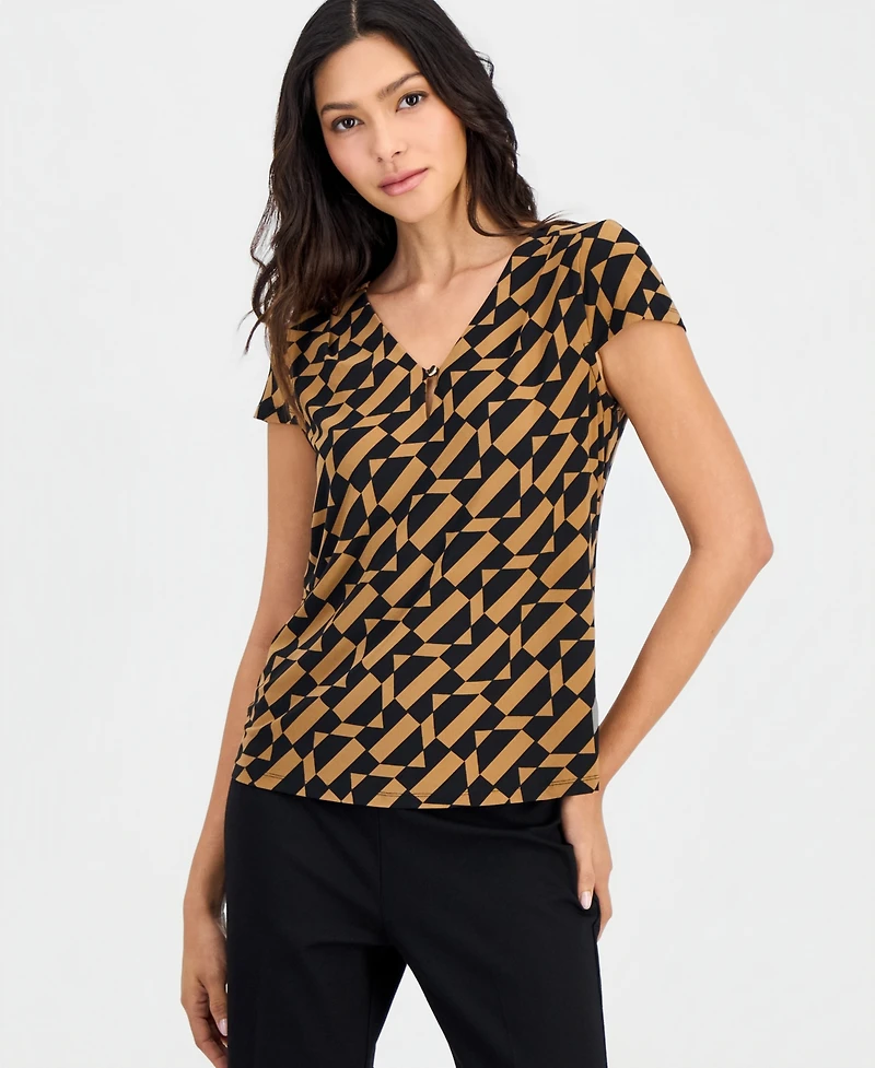 Anne Klein Essentials Petite Pleat Neck Keyhole Printed Blouse