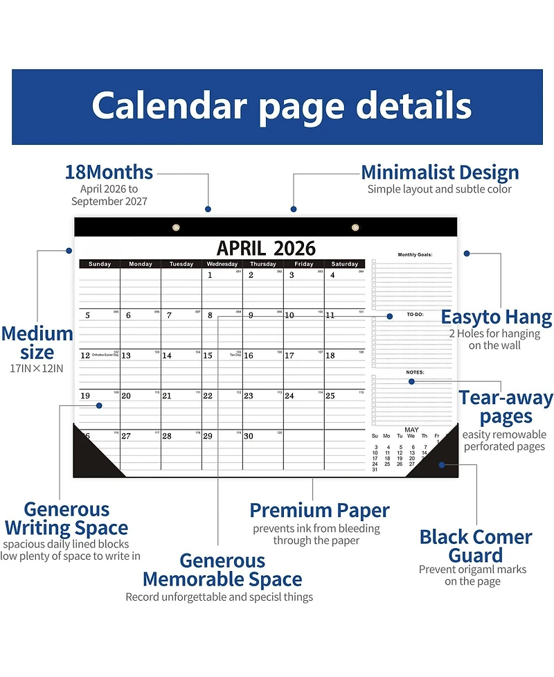 Gnuadz Desk Calendar 2026-2027 18 Months To-Do List
