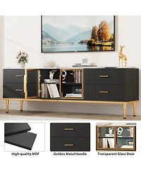 homfan Contemporary Fluted Tv Stand with Adjustable Led Lighting, Drawers and Open Shelves, Reinforced Engineered Wood Metal Legs