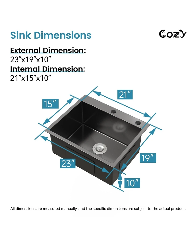 Busdays 23 x 19 Inch Stainless Steel Kitchen Sink Single Bowl Overmount Handmade with Us Standard Drain and Hook