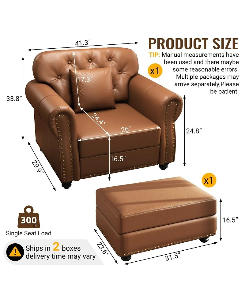 Maison Boucle 41.3'' Faux Leather Sofa Chair and Ottoman Set 2PC, Nailhead Tufted