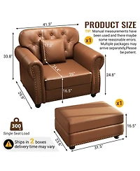 Maison Boucle 41.3'' Faux Leather Sofa Chair and Ottoman Set 2PC, Nailhead Tufted