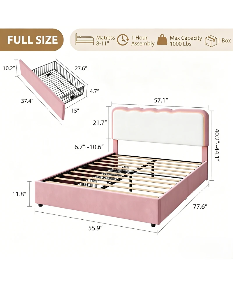 gaomon Full Size Upholstered Bed Frame with Adjustable Headboard for Kids/Girls/Boys, Large Storage Drawer, Noise-Free