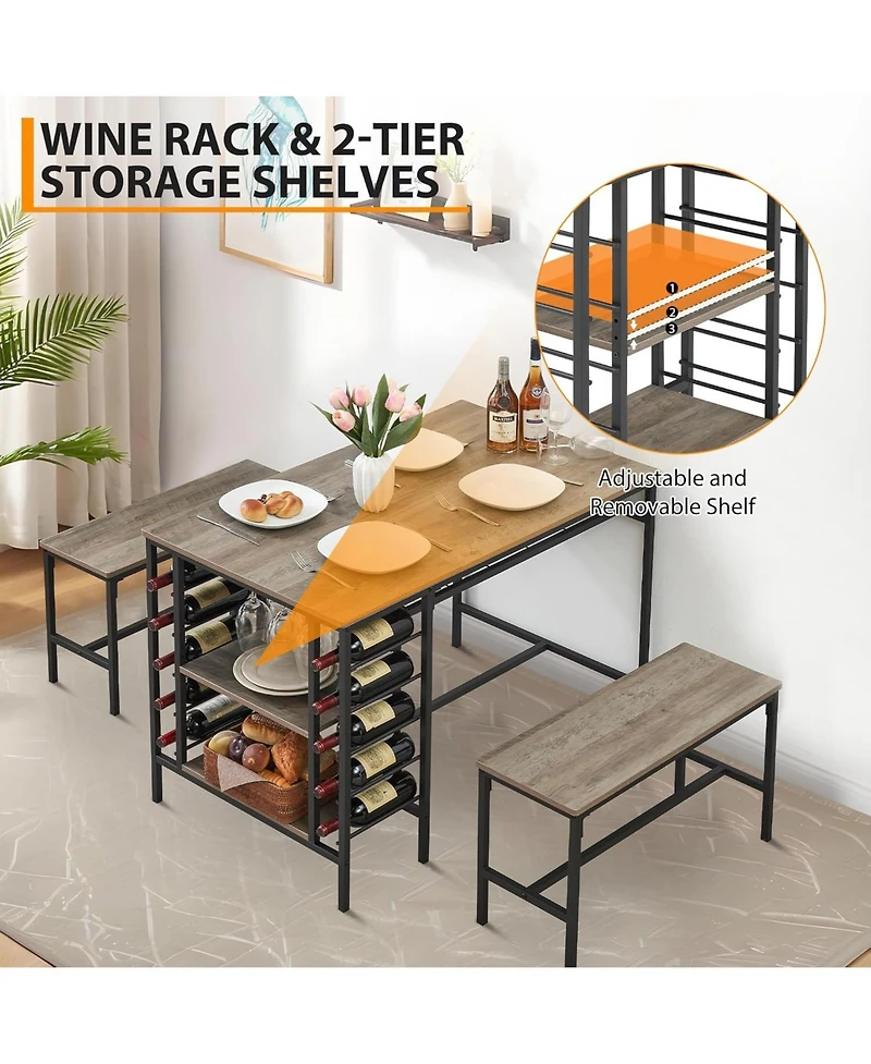 Gaomon 3-Piece Dining Set for 4, Table with 2 Benches, Rack & Storage
