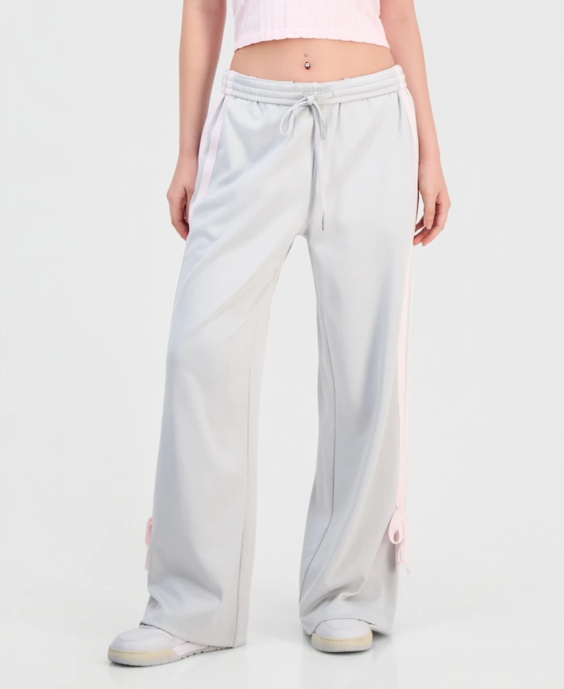 Celebrity Pink Juniors' Wide-Leg Bow-Detail Track Pants