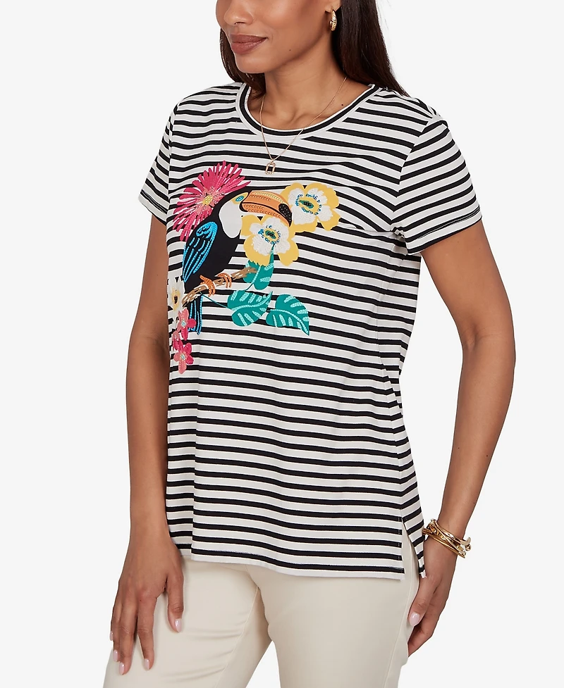 Ruby Rd. Petite Embellished Toucan Stripe Knit T-Shirt