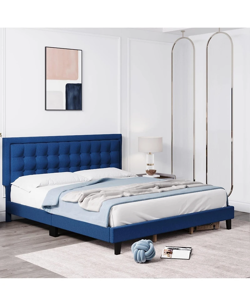 gaomon Platform Bed with Adjustable Linen Button Tufted Headboard, Noise-Free Design and No Box Spring Needed
