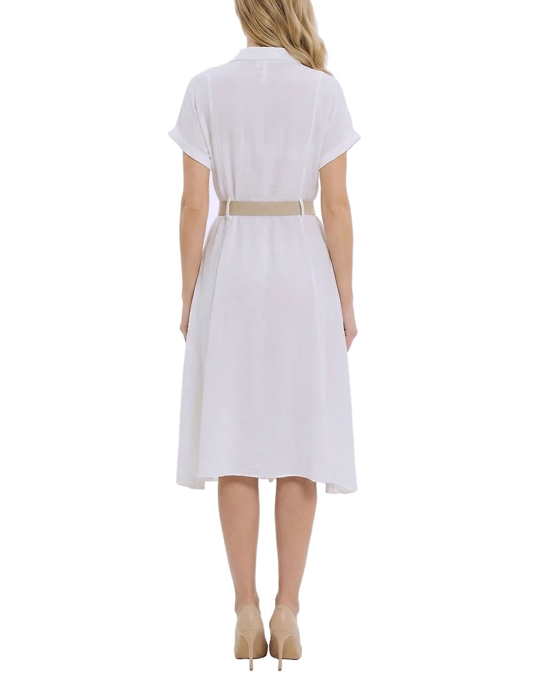 Ny Collection Women's Short-Sleeve Button Front Belted A-Line Dress