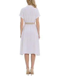Ny Collection Women's Short-Sleeve Button Front Belted A-Line Dress