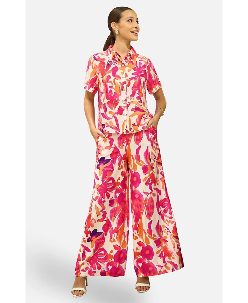 Yumi Women's Abstract Floral Wide Leg Trousers