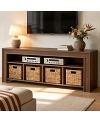 Tribesigns Tv Stand Tvs, Farmhouse Entertainment Center with Storage, Wooden TV Console with 4 Woven Baskets and Open Shelf