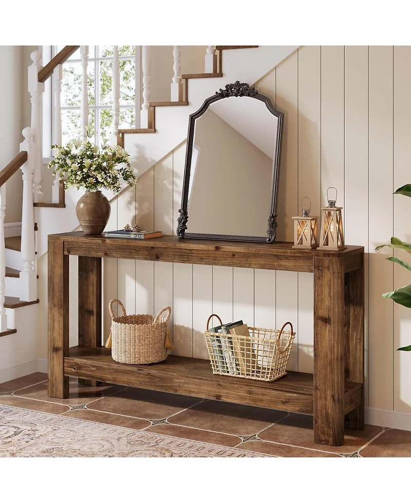 Tribesigns Solid Wood Console Table for Entryway, 63" Farmhouse Slim Sofa Table with 2-Tier Storage Shelf, Rustic Modern Narrow Hall Entry Furniture