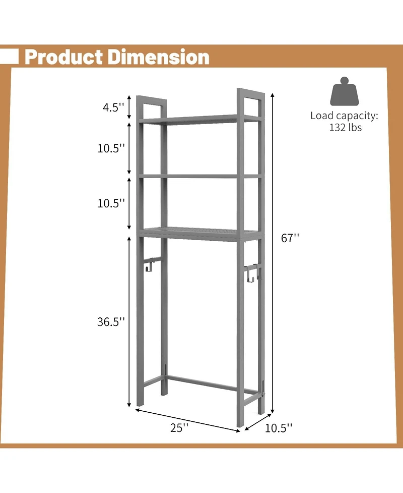 sumyeg Over The bath fixture Storage Shelf Space Saving Metal Bathroom Organizer with Hooks