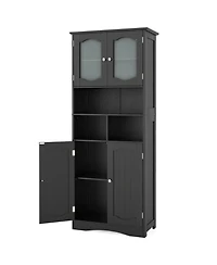 sumyeg 58.5 Inch Freestanding Linen Bathroom Storage Cabinet with Frosted Glass Doors
