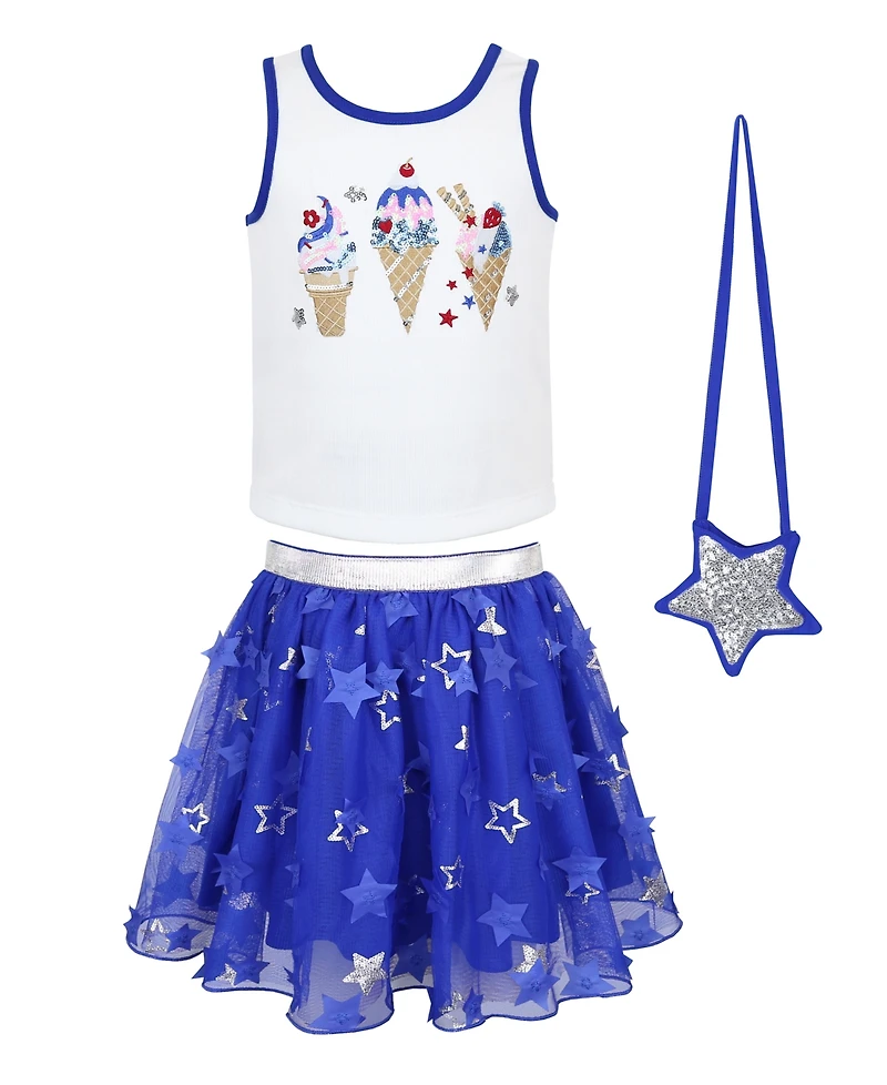 Pink & Violet Girls' 2T-6X Glitter Ice Cream Graphic Tank Top, Star Tulle Skirt and Purse, 3-Piece Set
