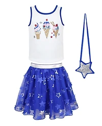Pink & Violet Girls' 2T-6X Glitter Ice Cream Graphic Tank Top, Star Tulle Skirt and Purse, 3-Piece Set