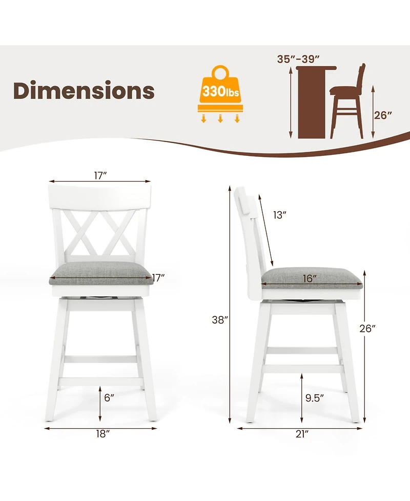 Gymax 26 Inch Set of 2 Bar Stool Wooden Chair Contoured Backrest Swivel Padded Seat