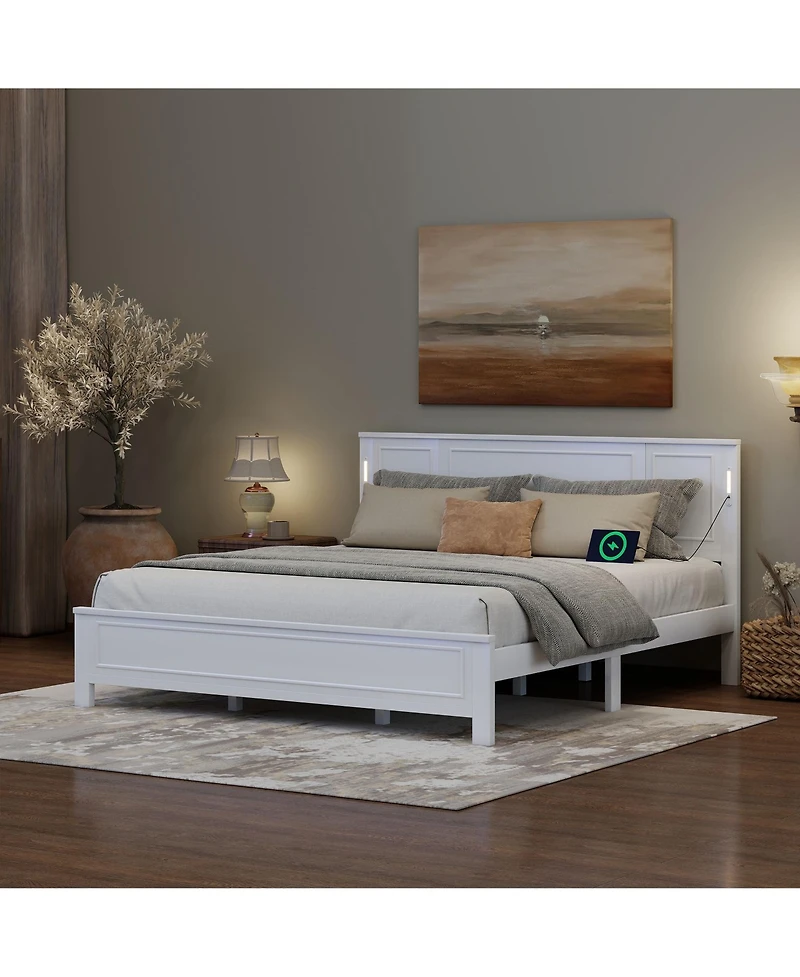 Clihome King Size Bed with Tall-Panel Headboard and Footboard, Built-in Led Lights, Usb Charging Station