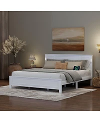 Clihome King Size Bed with Tall-Panel Headboard and Footboard, Built-in Led Lights, Usb Charging Station