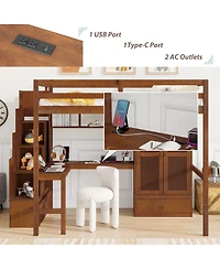 Clihome Full Loft Wood Bed with Desk, Book shelves and Wardrobe Doors Drawer