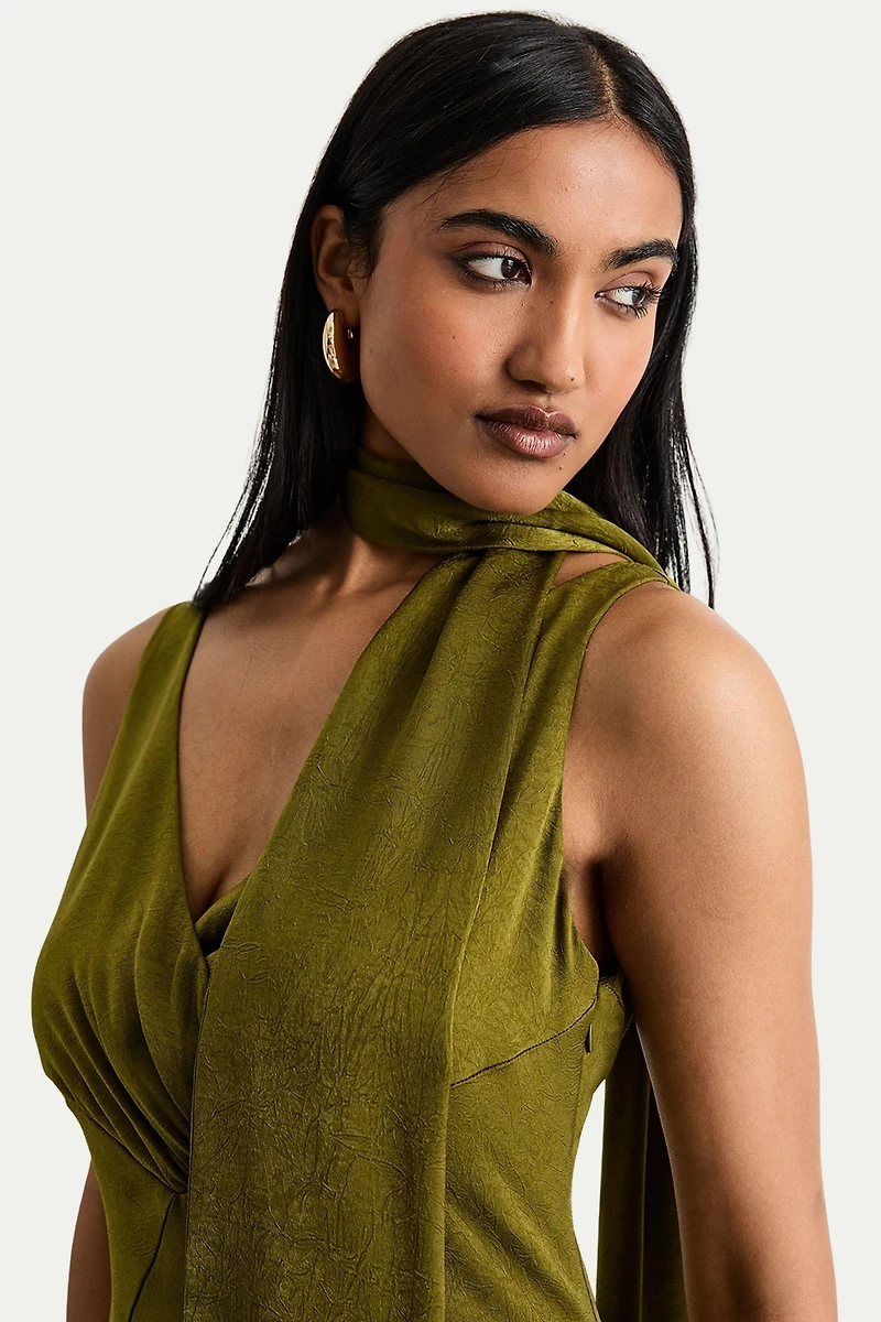 Warehouse Women's Plain Scarf Detail Tie Neck Maxi Dress